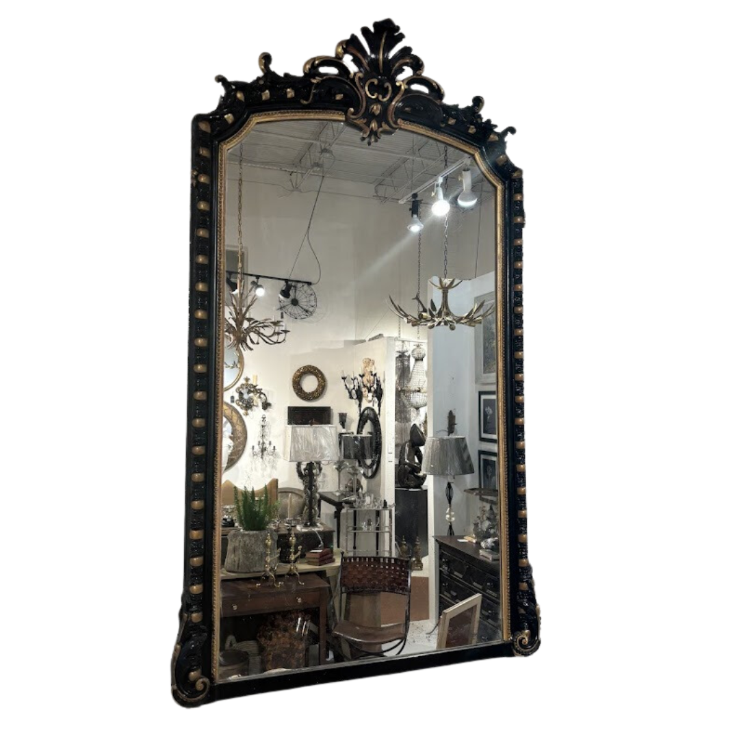 Gesso Louis Philippe Mirror with Gold Leaf and Black Lacquer Ornamentation