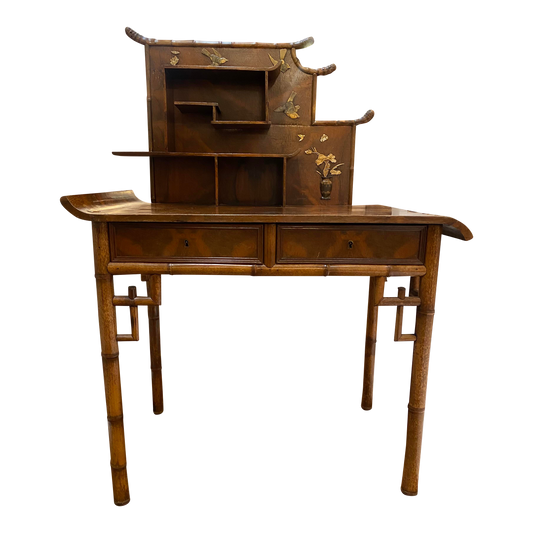 Vintage Asian Pagoda Style Wood and Bamboo Desk