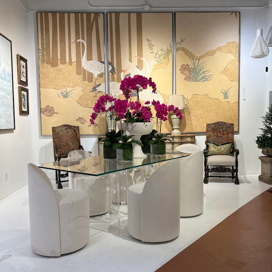 Vintage glassware, antique tureens, and dining decor at Interiors Market Atlanta