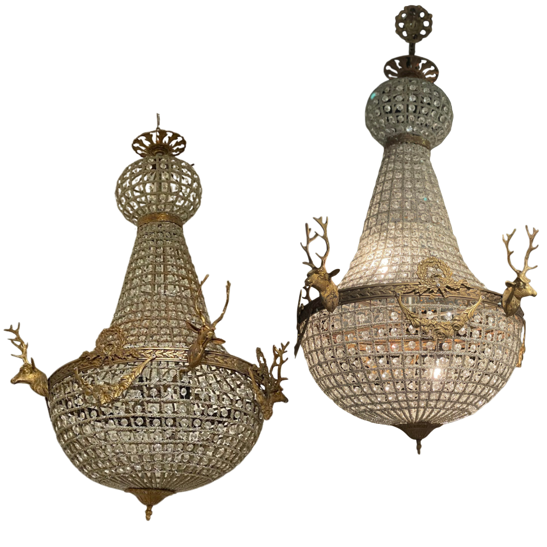 Pair French Style Two Light Crystal Chandeliers With Bronze Stag Heads