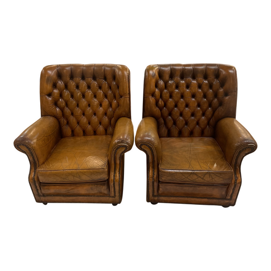 Pair Antique Tufted Leather Gentleman's Club Chairs