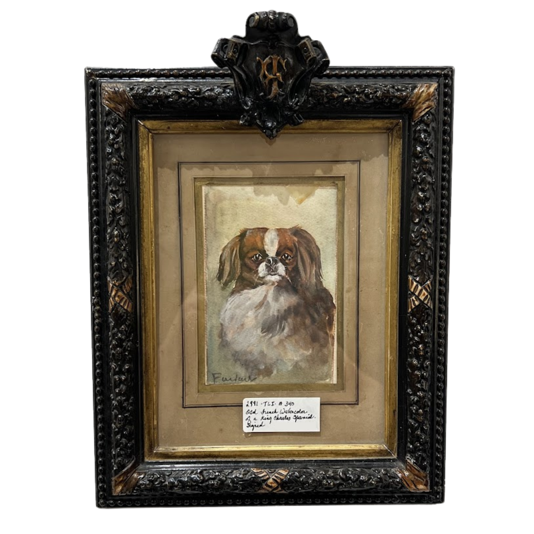 Old French Watercolor of a King Charles Spaniel (TLI #340)