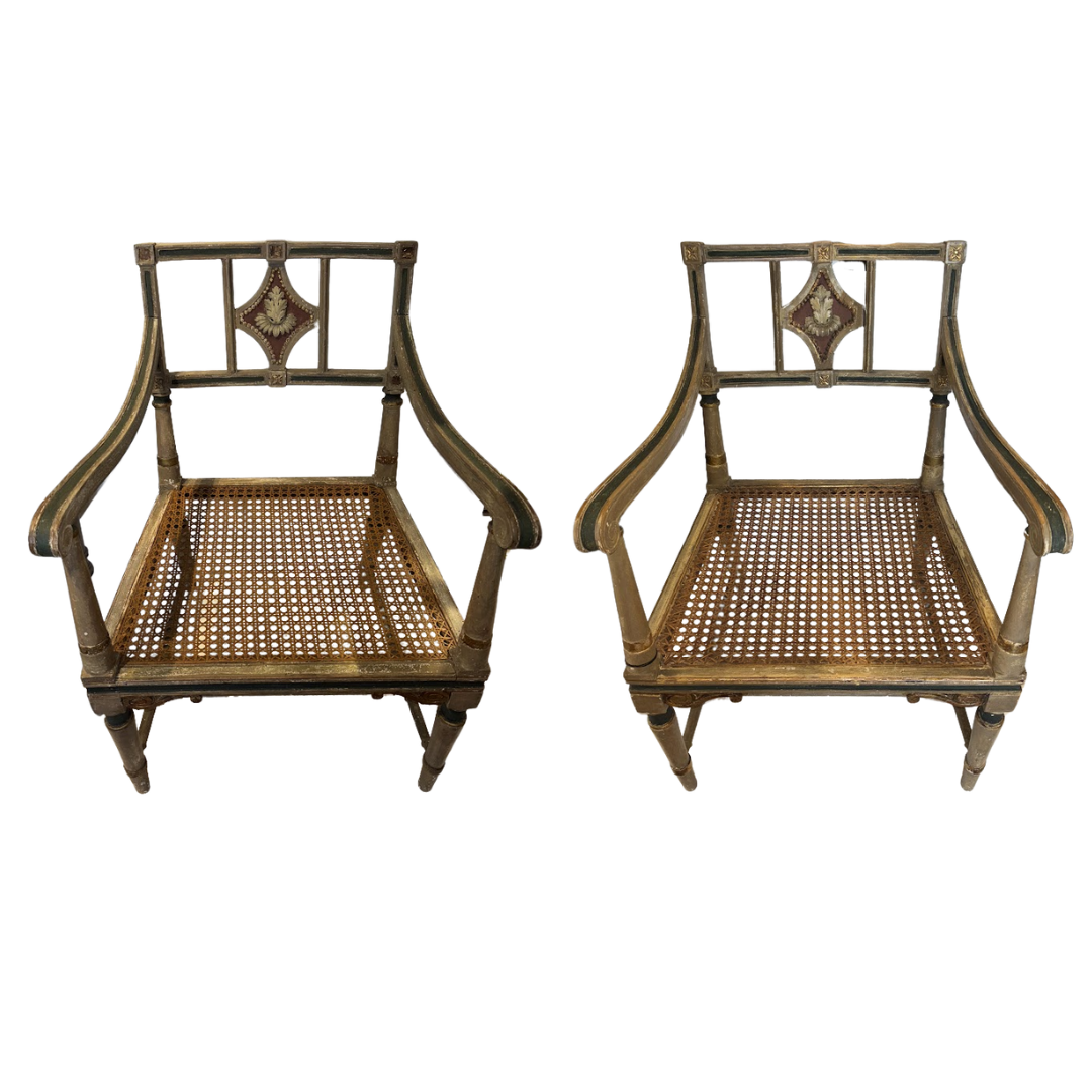 Pair Carved and Painted Cane Chairs