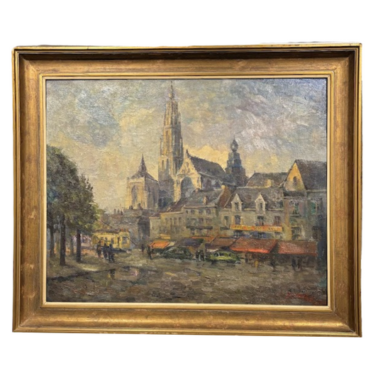 Antique Oil on Canvas of "Old Antwerp" Belgium Circa Late 1800s (Item 735)