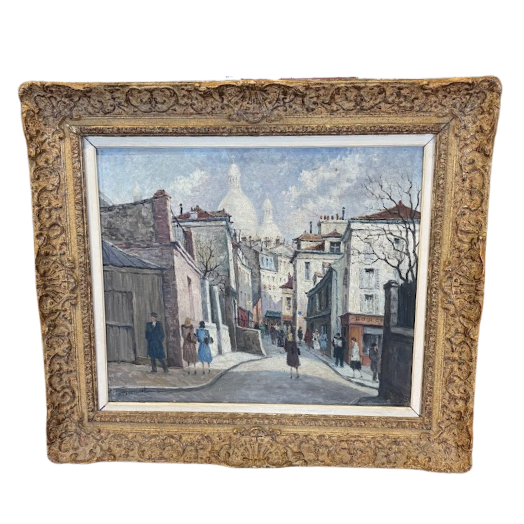 Oil on Canvas of a French Street Scene, Basilica of Sacré Coeur de Montmartre by Emile Saudemont (French, 1898-1967)