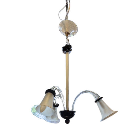Italian Art Deco Style Murano Black and White Tulip Shaped Three Arm Glass Chandelier