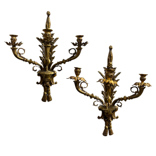 Pair of Brass Three Arm French Sconces