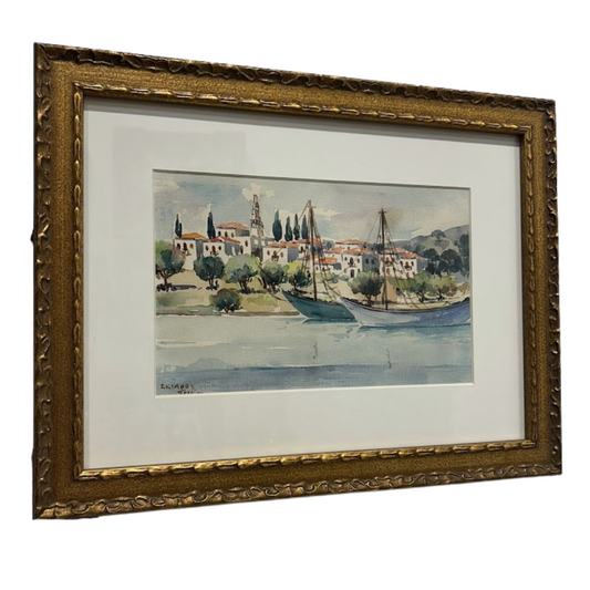 Souvenir Greek Isles Watercolor, Mid-1900s 