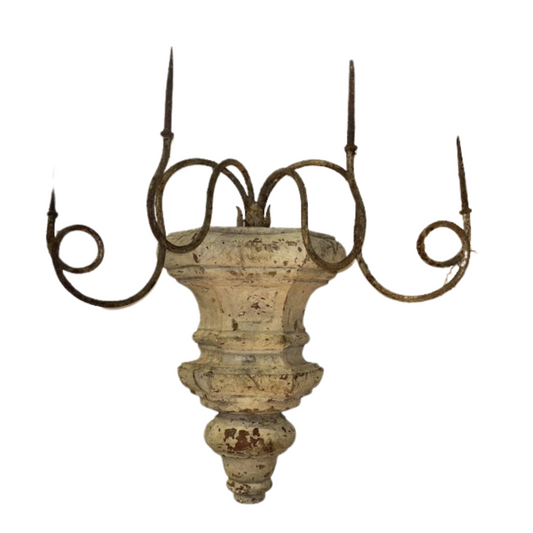 Antique Carved Wood Sconce with Four Iron Prongs
