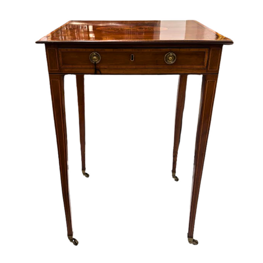Wooden side table with a single drawer on a white background