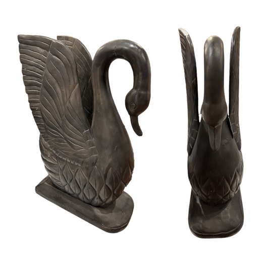 Pair Vintage Hand Carved Swans in Ebony Wood 