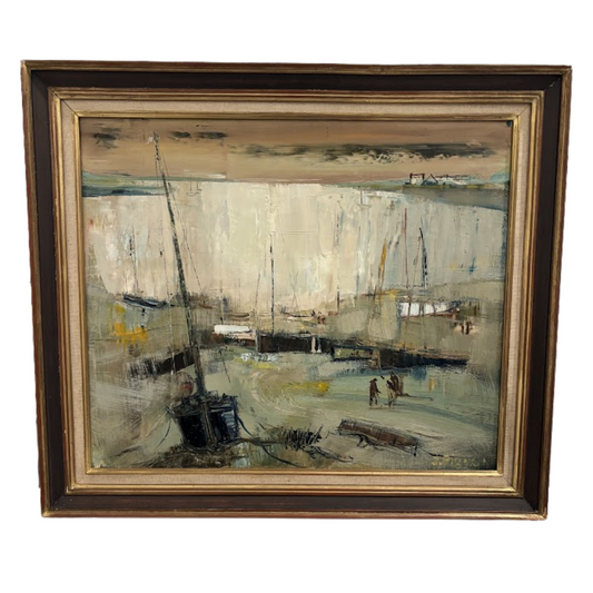 Framed painting of a harbor scene with boats and people.