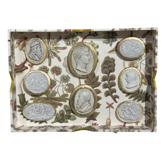Decorative tray with classical portrait designs and floral patterns