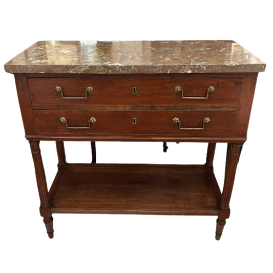 Wooden console table with marble top on a white background