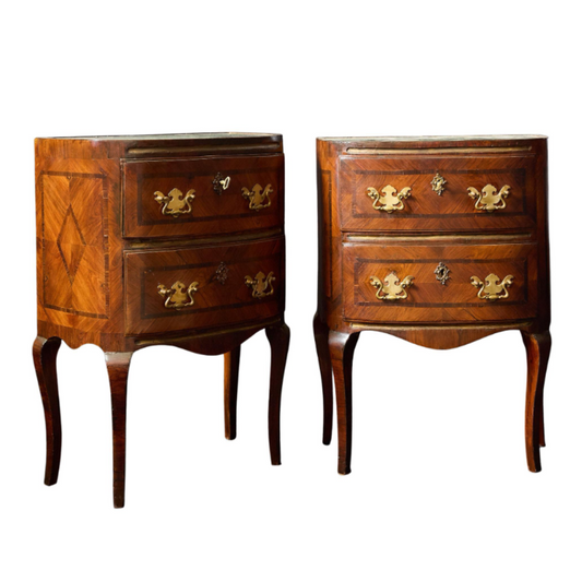 Pair 19th Century Italian Inlaid Two Drawer Bedside Tables with Original Brasses and Inset Green Marble