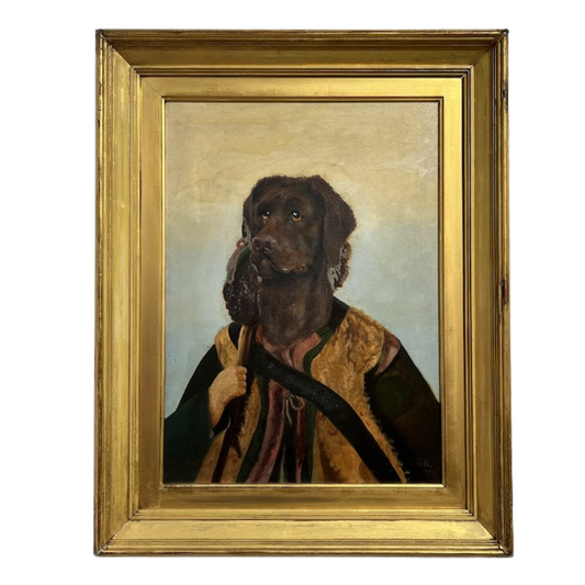 Painting of a dog wearing a coat in a gold frame