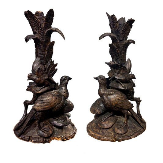 Pair Carved Wood Black Forest Bird Candle Holders