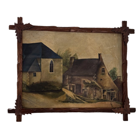 Painting of two houses with a rustic wooden frame