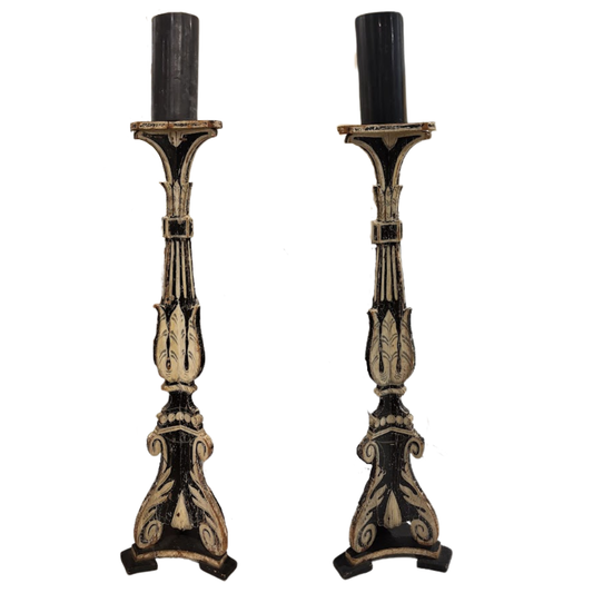 Pair 19th Century Italian Polychromed Torchere Alter Sticks 