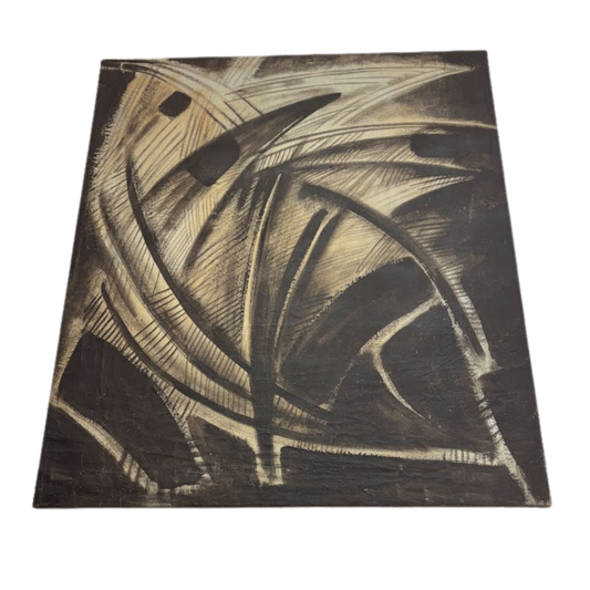 Abstract art piece with brown and black patterns on a white background