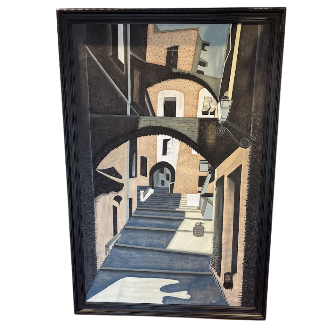 Framed artwork of an urban scene with buildings and arches.