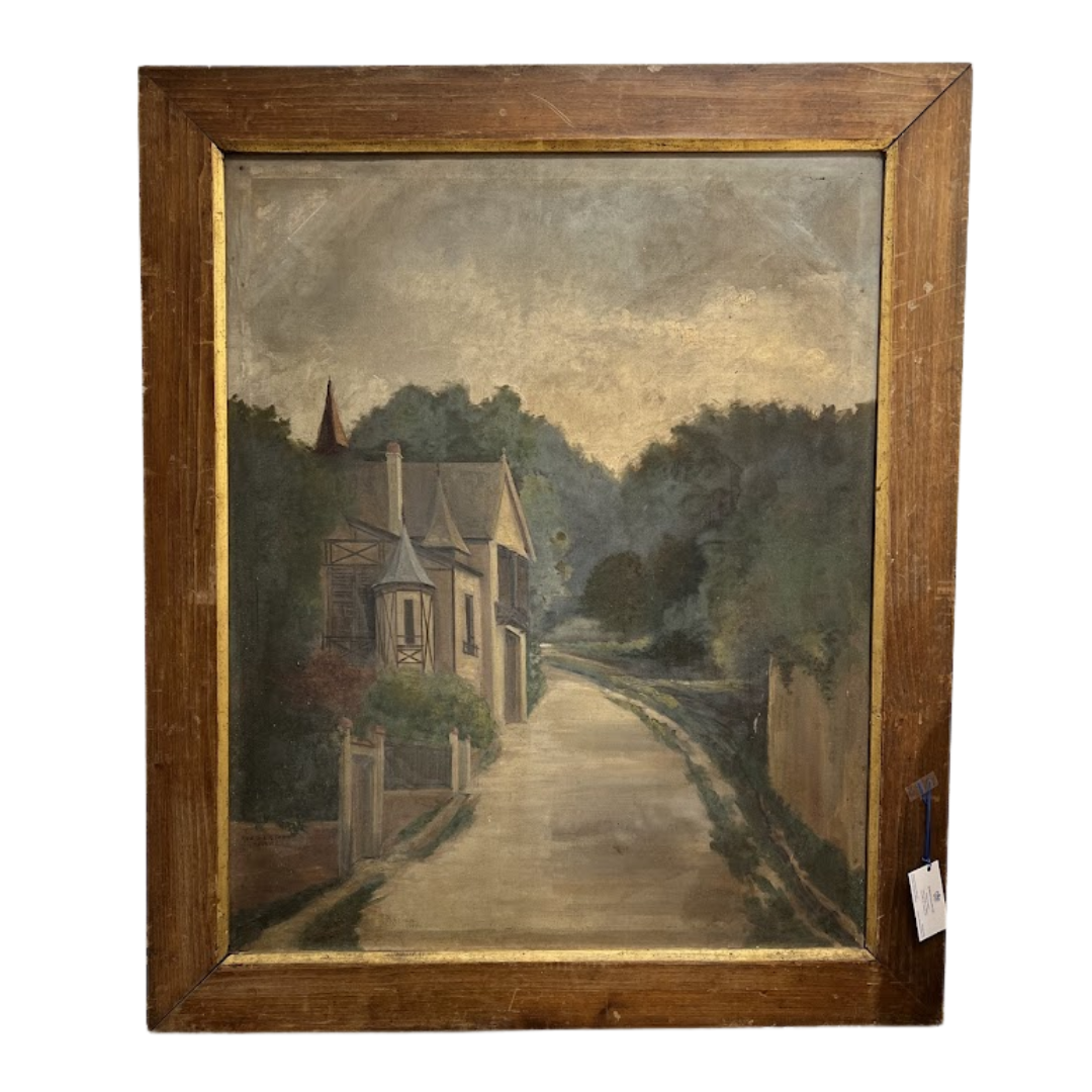 Painting of a house along a path with a wooden frame on a white background