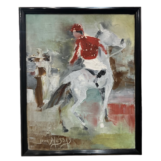 Painting of a jockey on a horse with abstract background, signed 'Jean Dausset'.