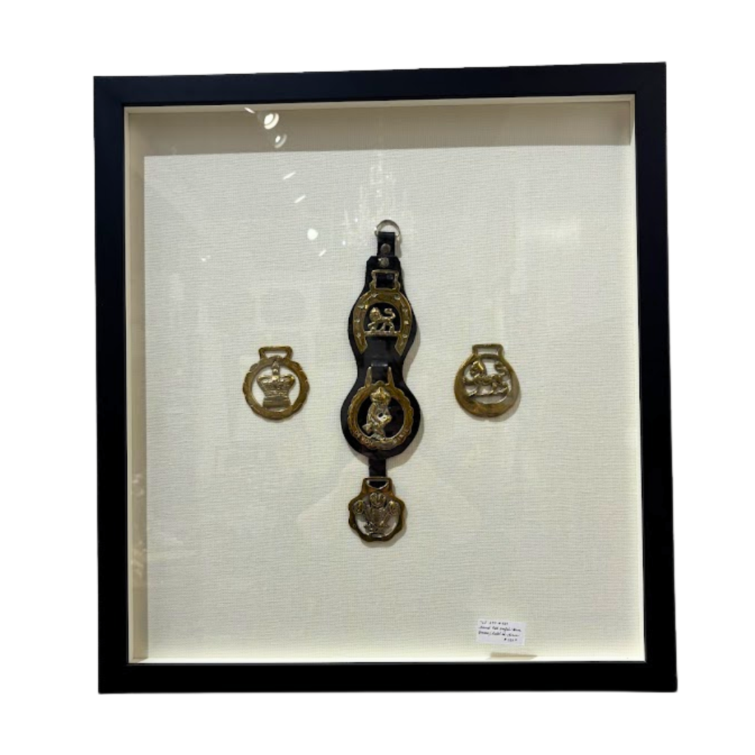 Framed Old English Horse Brasses Matted on Linen (TLI439)