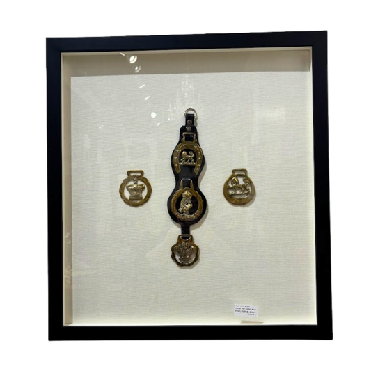 Framed Old English Horse Brasses Matted on Linen (TLI439)