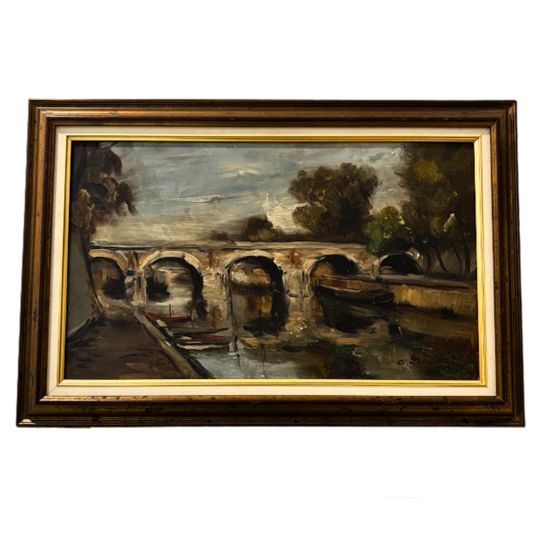 Painting of a bridge over a river with trees on a white background