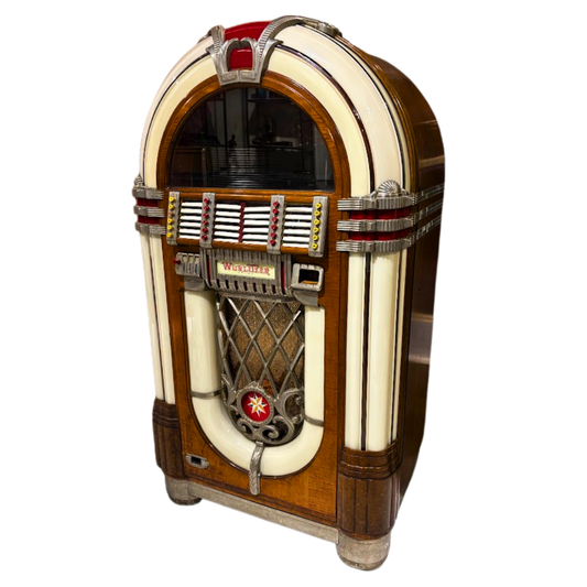 Vintage-style jukebox with wooden and cream finish on a white background
