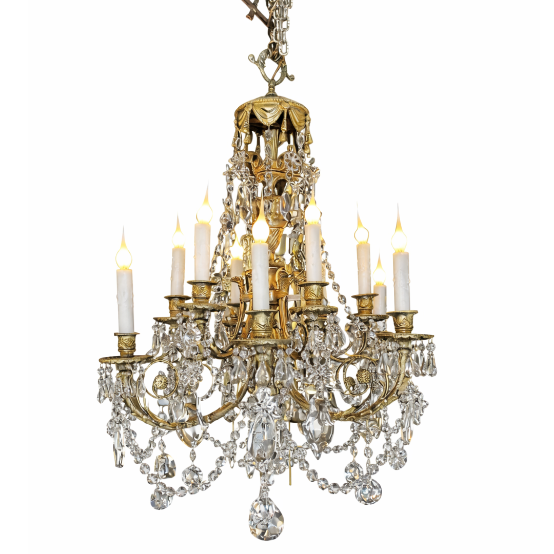 Decorative chandelier with crystal elements and candles on a white background
