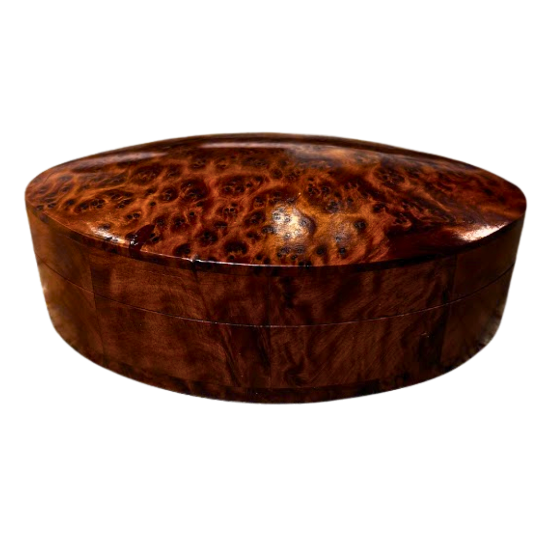 Wooden box with a burl pattern on a white background