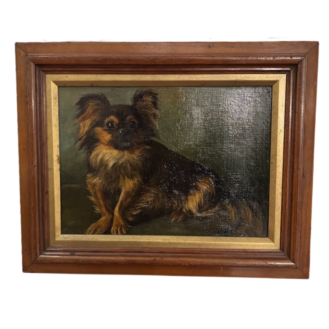 Painting of a dog in a wooden frame on a white background