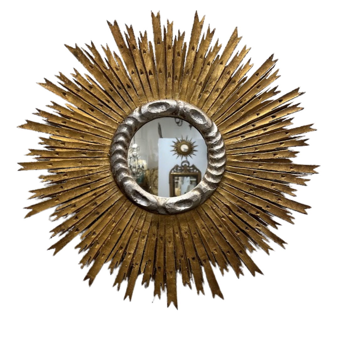 Large Gilt Sunburst Mirror with Silver Trim