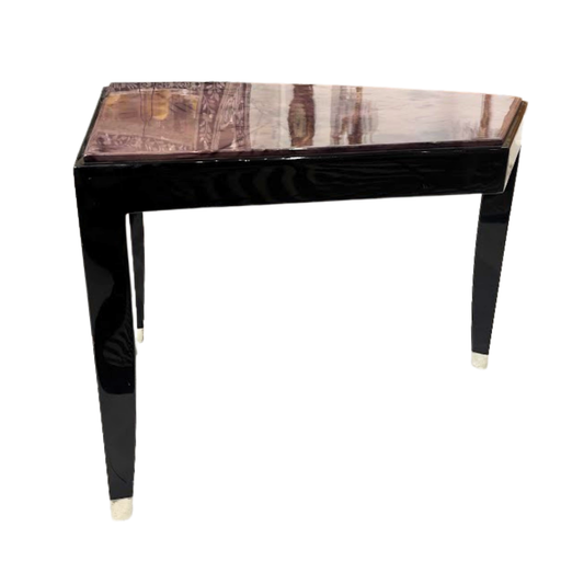 Decorative console table with a wooden top and black base on a white background