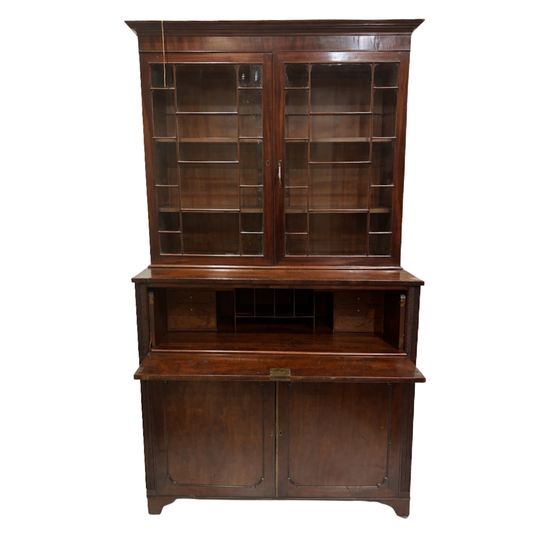 Wooden bookshelf with glass doors on a white background