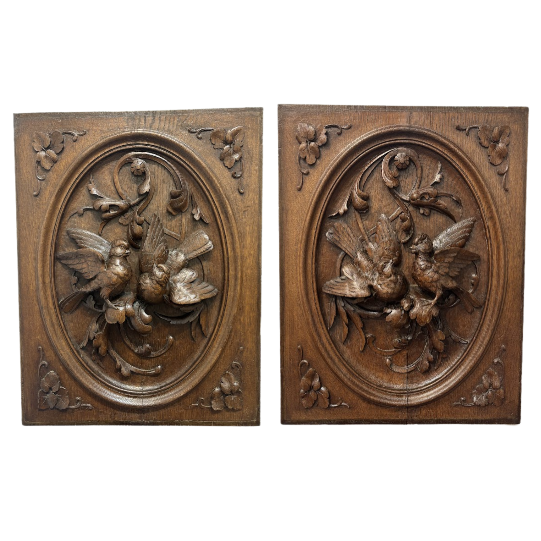 Antique Pair of Wood Game Panels in Walnut with Carved Birds 
