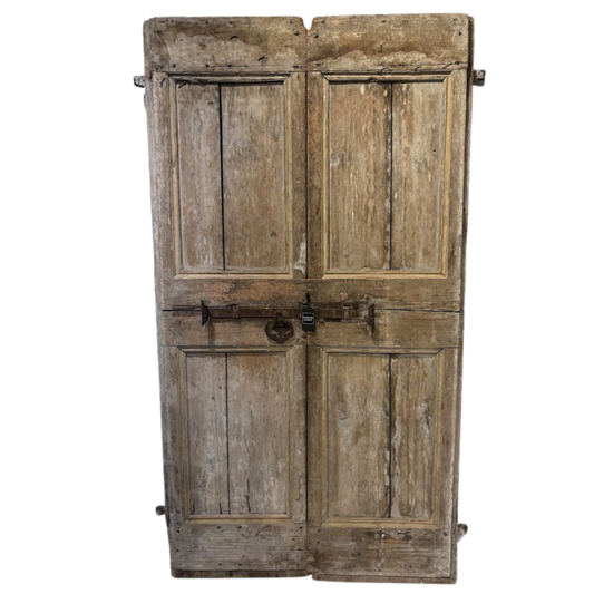 Old wooden door with a lock on a white background