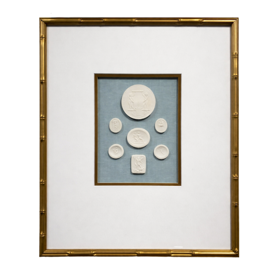 7 Handmade Intaglios in Gilt Faux Bamboo Frames on Blue Linen