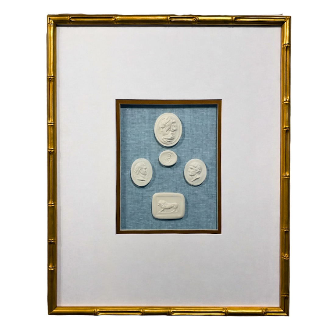 5 Handmade Intaglios in Gilt Faux Bamboo Frames on Blue Linen