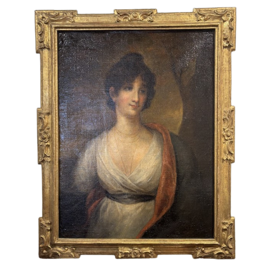 Portrait of a woman in a white dress with a red shawl, framed in gold.