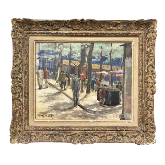Painting of a street scene with people in an ornate gold frame.