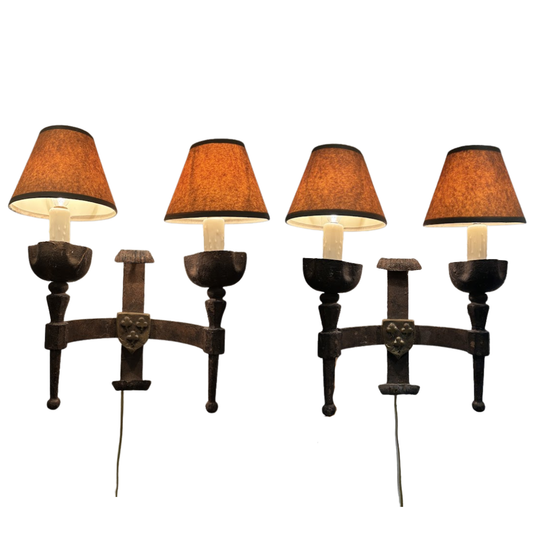 Pair of Antique European Iron Wall Sconces with Shields (Newly Wired)