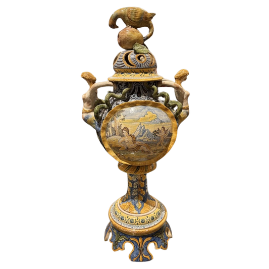 Antique Painted Italian Majolica Two Piece Urn 