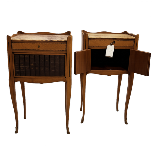 Pair of Early 20th Century French Side Tables with Faux Book Fronts and Marble Tops 