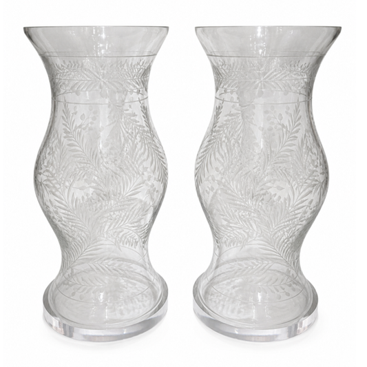 Pair of Etched Glass Hurricanes with Lucite Bases