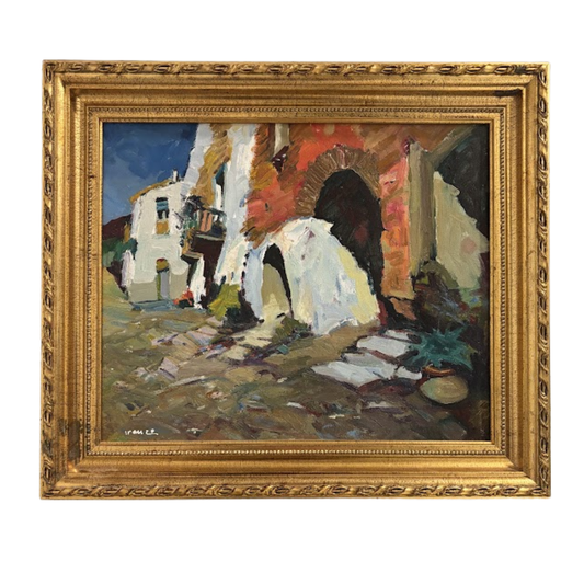 "Pueblo en Valencia" Signed Oil on Board by Known Spanish Artist Jose Iranzo Almonacid Circa 1960s (#2421)