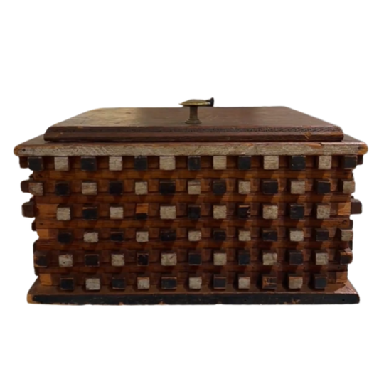 Tramp Art Box with Brass Handle and Square Pegs
