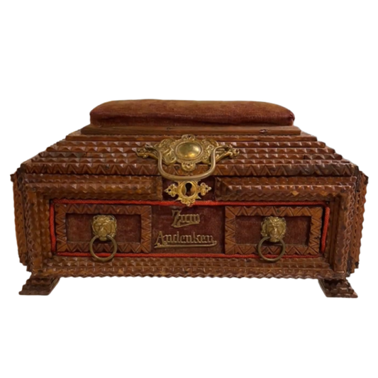 German Tramp Art Box with Small Mirror Circa 1900